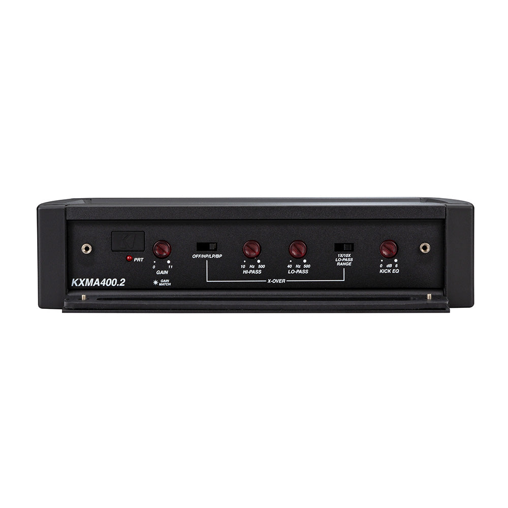 KXMA400.2 car audio amplifier with crossover controls and gain knobs for precise sound tuning