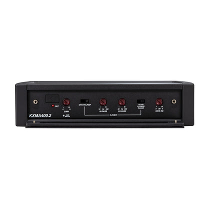 KXMA400.2 car audio amplifier with crossover controls and gain knobs for precise sound tuning