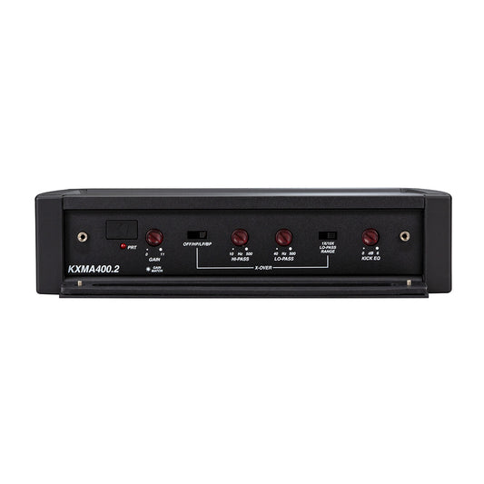 KXMA400.2 car audio amplifier with crossover controls and gain knobs for precise sound tuning