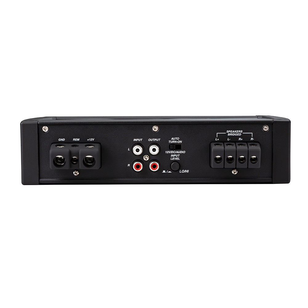 Rear panel of car audio amplifier with input/output jacks, speaker terminals, and power connections for high-quality installation