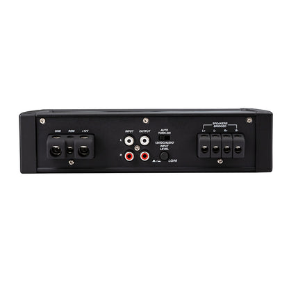 Rear panel of car audio amplifier with input/output jacks, speaker terminals, and power connections for high-quality installation