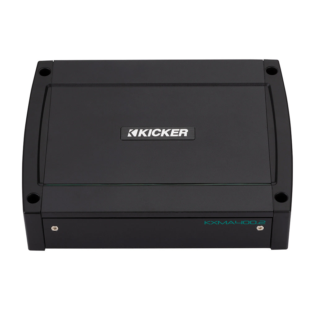 Kicker KXMA400.2 marine amplifier for car audio systems, compact black design with teal model text