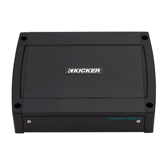Kicker KXMA400.2 marine amplifier for car audio systems, compact black design with teal model text