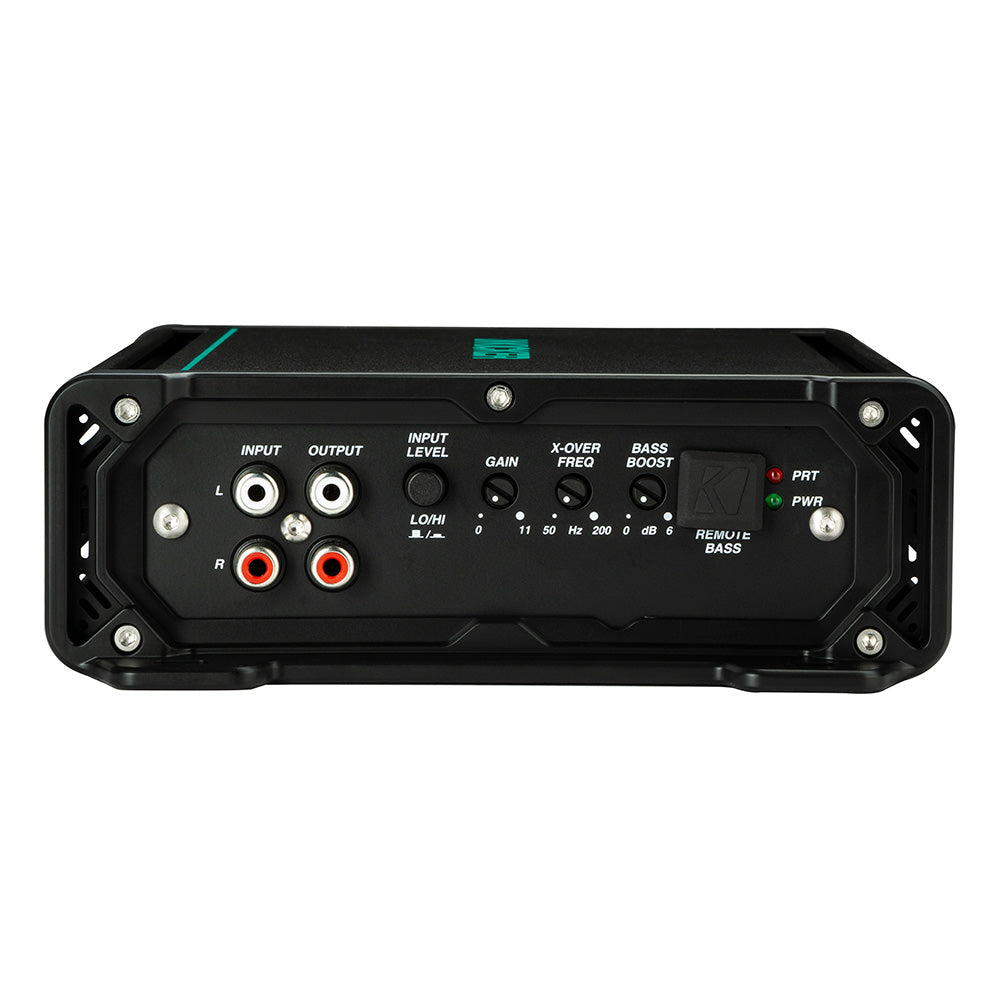 Black car audio amplifier with RCA inputs, gain, crossover, and bass boost controls for high-quality sound installation