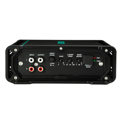 Black car audio amplifier with RCA inputs, gain, crossover, and bass boost controls for high-quality sound installation