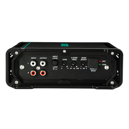 Black car audio amplifier with RCA inputs, gain, crossover, and bass boost controls for high-quality sound installation