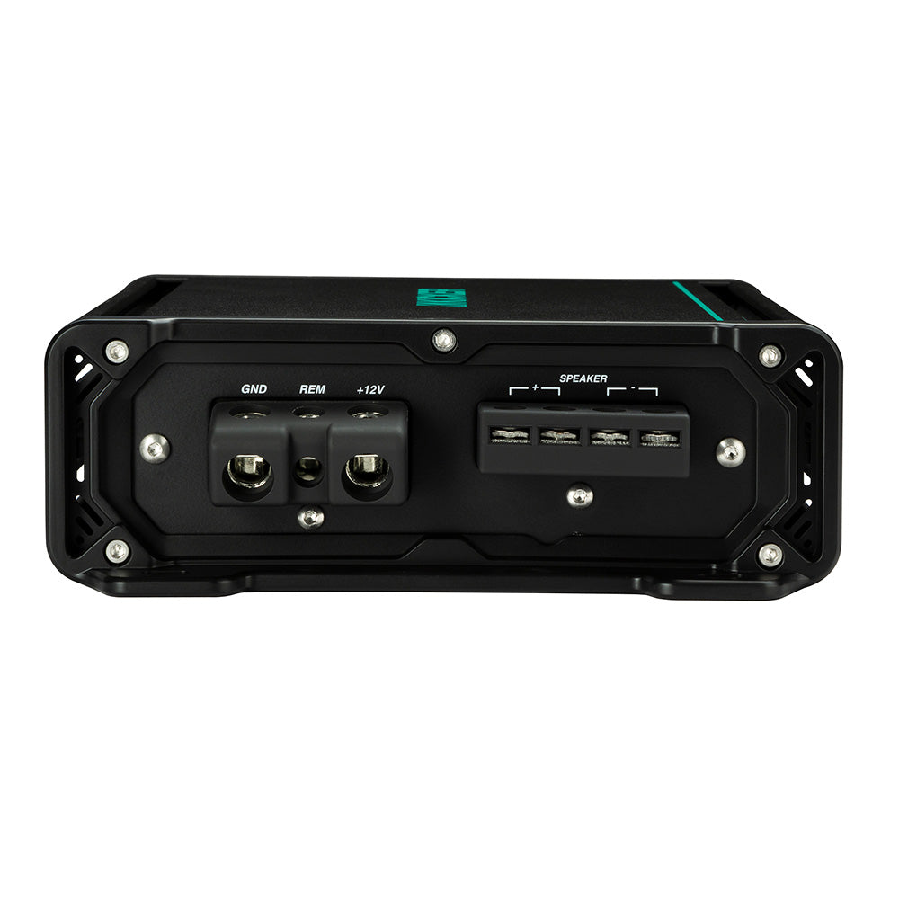 Black car audio amplifier with speaker and power terminals, ideal for JL Audio or Alpine installations