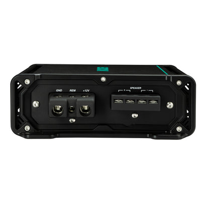 Black car audio amplifier with speaker and power terminals, ideal for JL Audio or Alpine installations