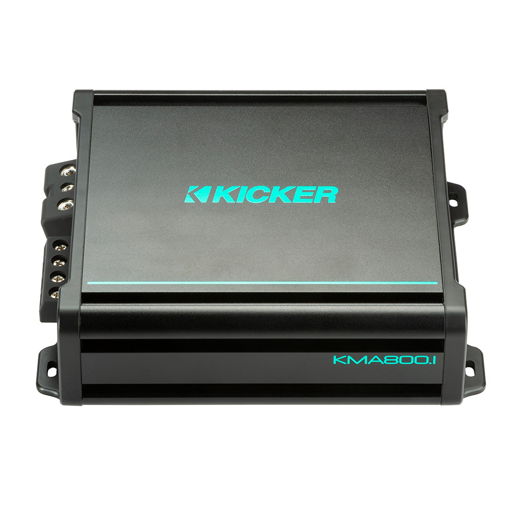 Kicker KMA800.1 car amplifier with teal branding, ideal for high-quality audio installation