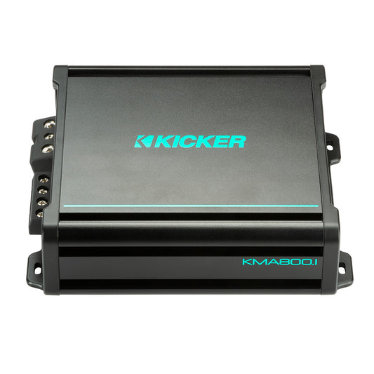 Kicker KMA800.1 car amplifier with teal branding, ideal for high-quality audio installation