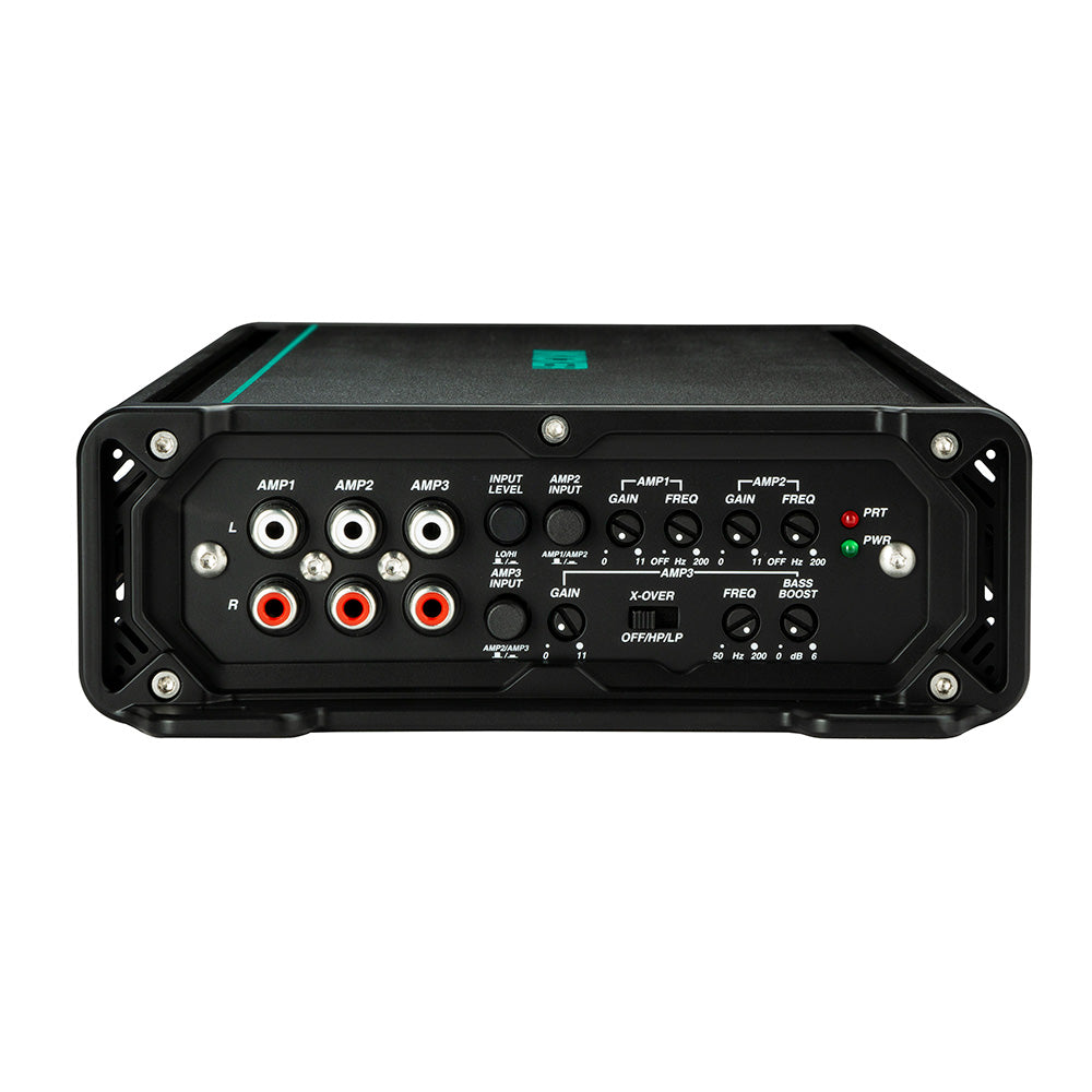 Black car audio amplifier with multiple amp inputs, gain controls, and crossover settings for high-quality sound installation