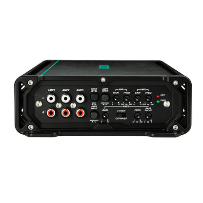Black car audio amplifier with multiple amp inputs, gain controls, and crossover settings for high-quality sound installation