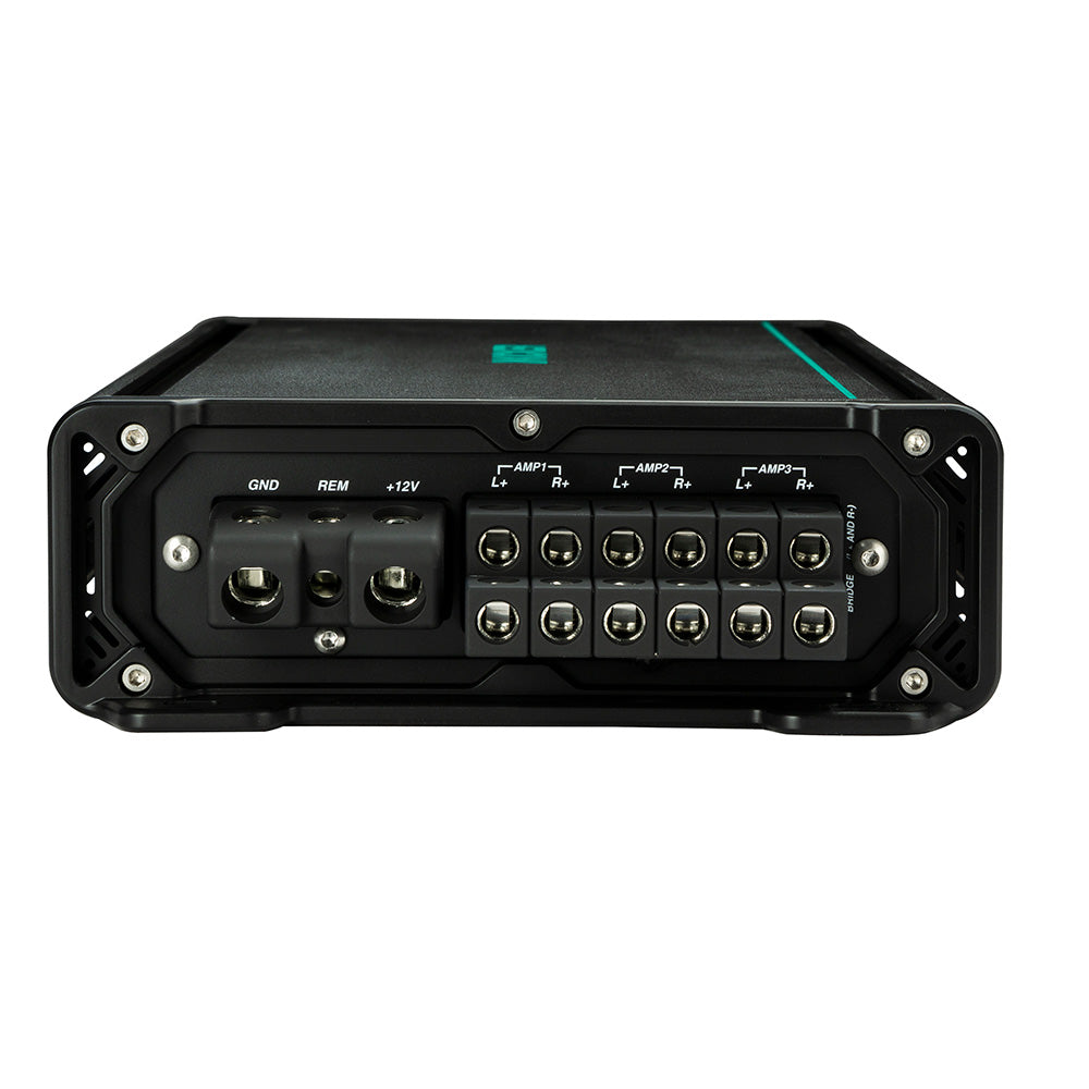 Black car audio amplifier with multiple channel inputs and power terminals for high-quality sound system installation