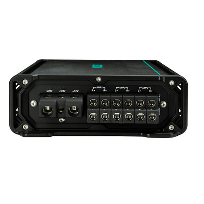 Black car audio amplifier with multiple channel inputs and power terminals for high-quality sound system installation