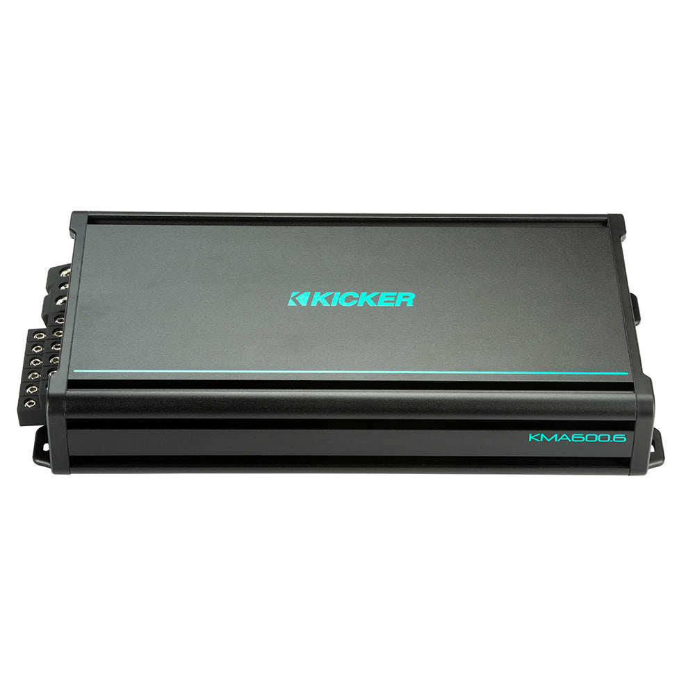 Kicker KMA600.6 marine amplifier with teal branding, ideal for high-quality car audio installations