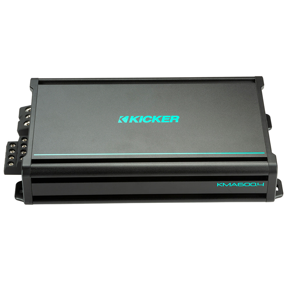 Kicker KMA600.4 marine amplifier with teal branding, ideal for high-quality car audio installations
