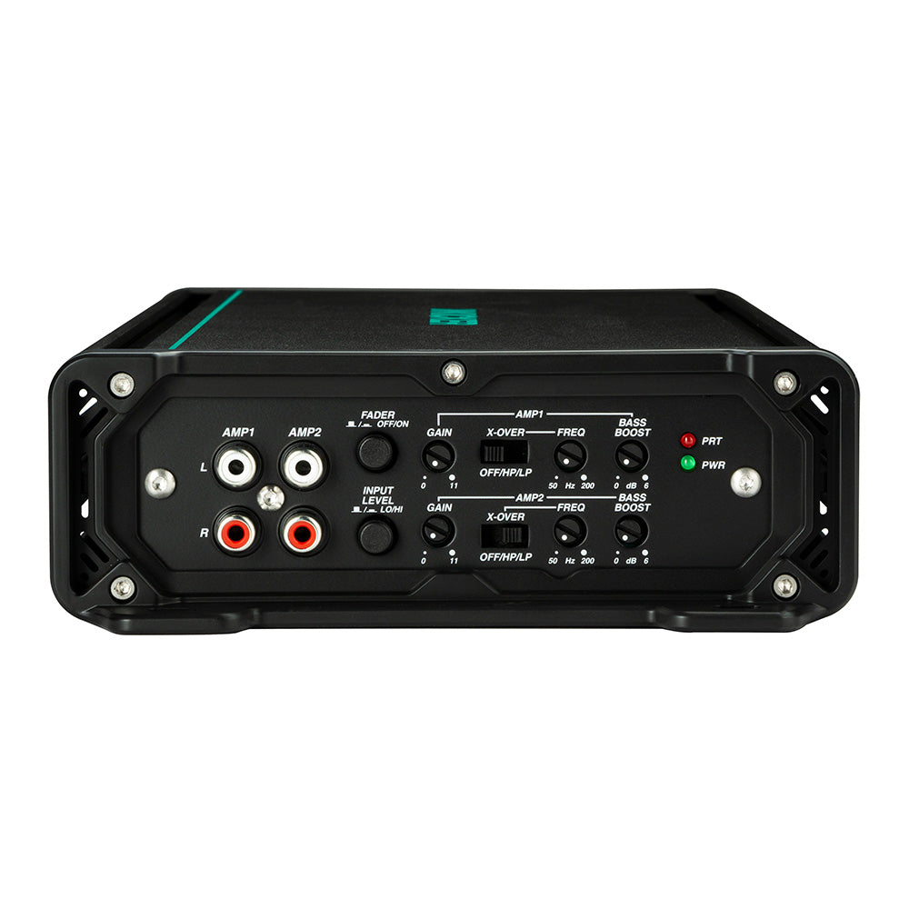 Black car audio amplifier with dual amp inputs, gain controls, crossover, and bass boost knobs for custom sound tuning