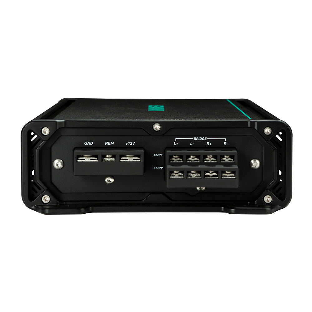 Black car amplifier rear panel with GND, REM, +12V, and AMP1/AMP2 terminals for audio installation