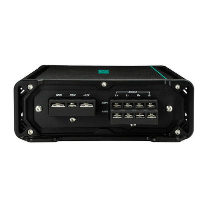 Black car amplifier rear panel with GND, REM, +12V, and AMP1/AMP2 terminals for audio installation