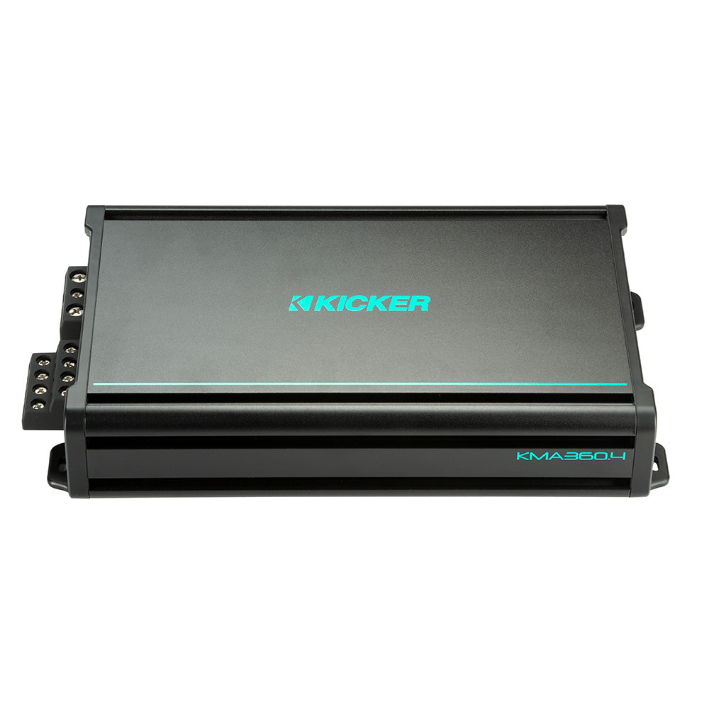 Kicker KMA360.4 marine amplifier with teal branding, ideal for car audio installations