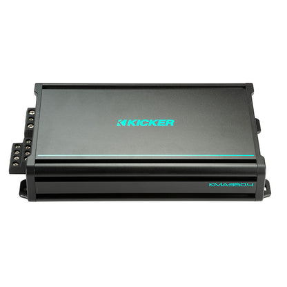 Kicker KMA360.4 marine amplifier with teal branding, ideal for car audio installations