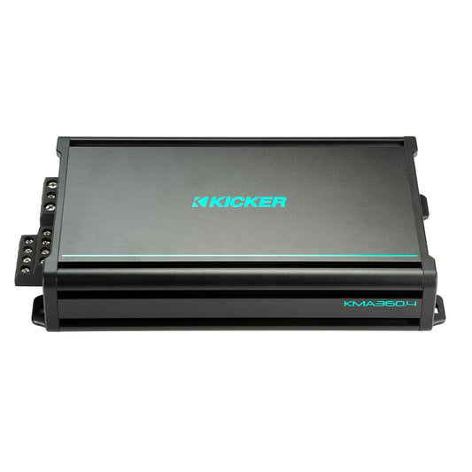 Kicker KMA360.4 marine amplifier with teal branding, ideal for car audio installations