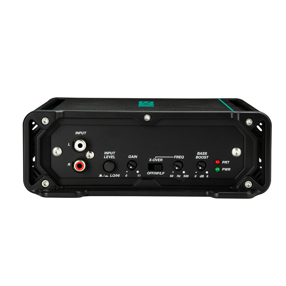 Black car audio amplifier with input, gain, crossover, and bass boost controls for high-quality sound installation