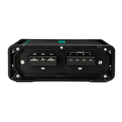 Black car audio amplifier with GND, REM, +12V, and bridged L/R speaker terminals for high-quality audio installation