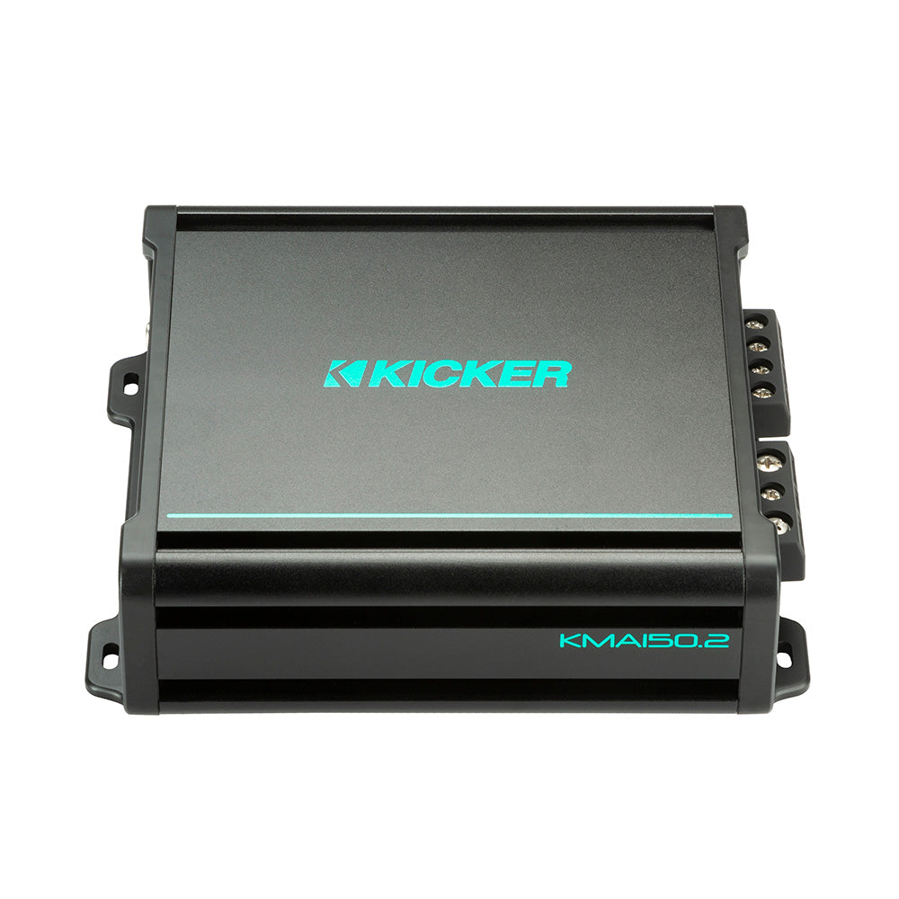 Kicker KMA150.2 marine amplifier with teal branding, compact black design for audio systems