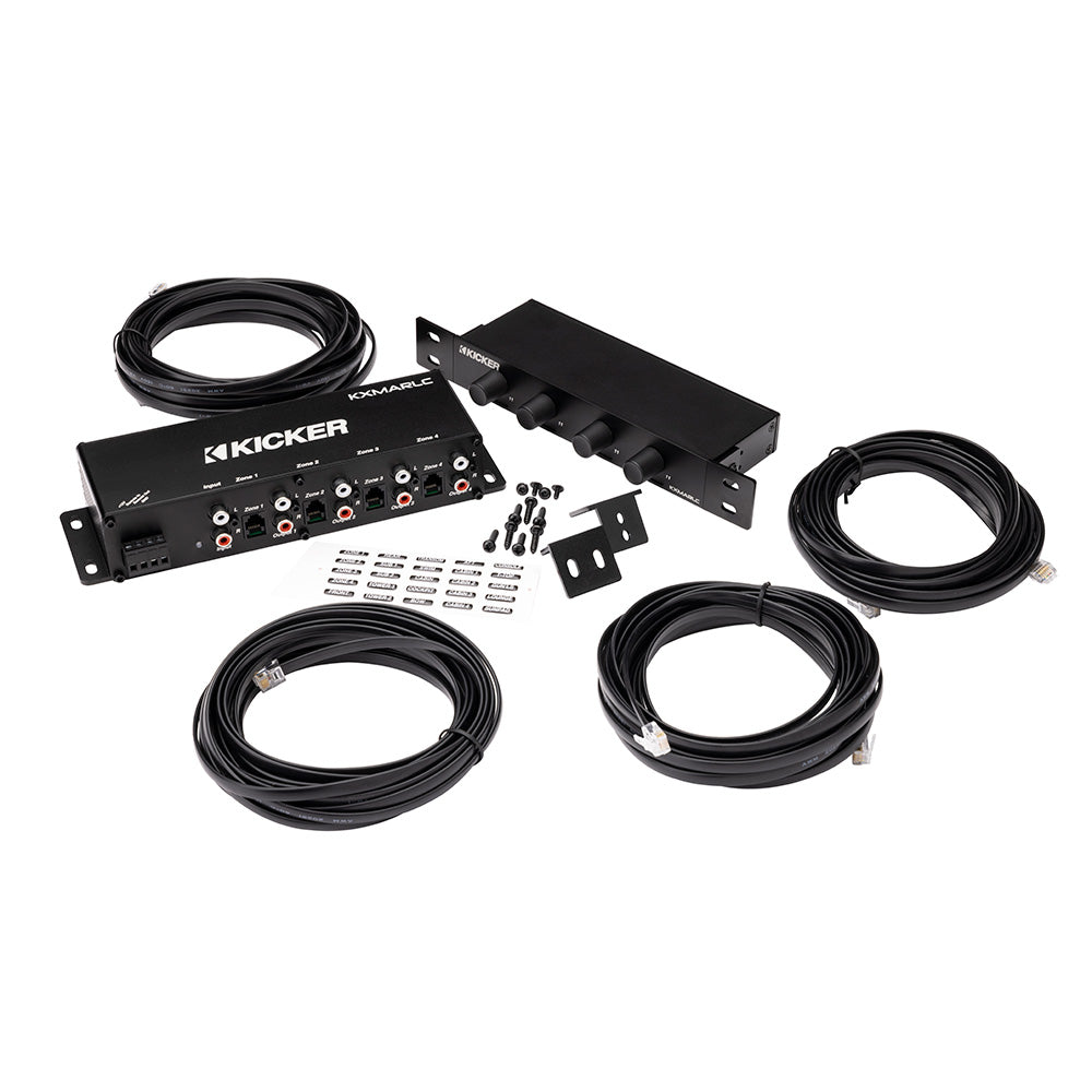 Kicker KXMARLC multi-zone audio amplifier with cables and mounting hardware for car or home audio systems
