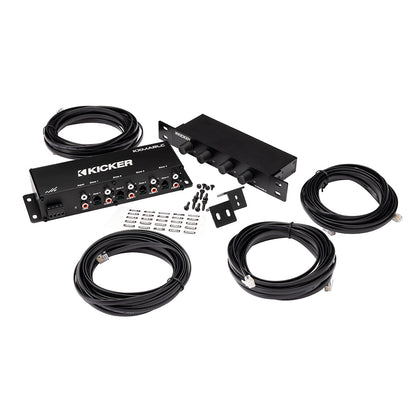 Kicker KXMARLC multi-zone audio amplifier with cables and mounting hardware for car or home audio systems