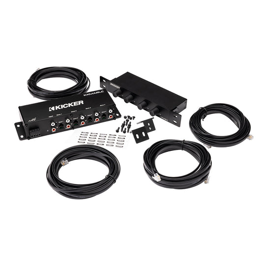 Kicker KXMARLC multi-zone audio amplifier with cables and mounting hardware for car or home audio systems