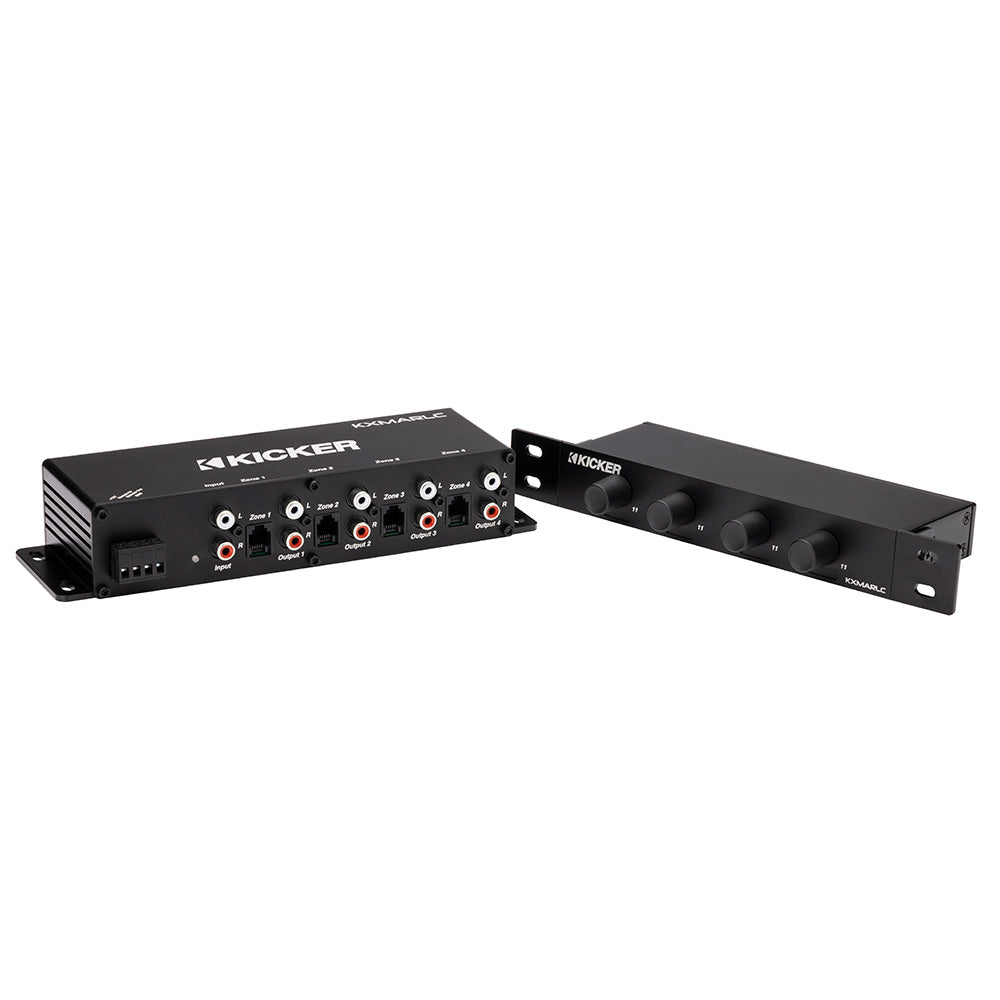 Kicker KXMARLC multi-zone audio amplifier with 4 outputs and control knobs for car or home audio systems