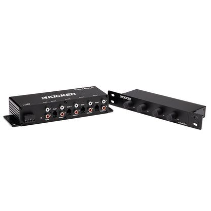 Kicker KXMARLC multi-zone audio amplifier with 4 outputs and control knobs for car or home audio systems