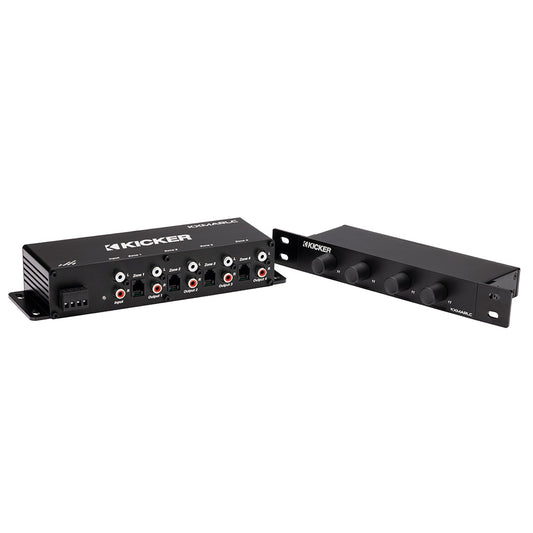 Kicker KXMARLC multi-zone audio amplifier with 4 outputs and control knobs for car or home audio systems