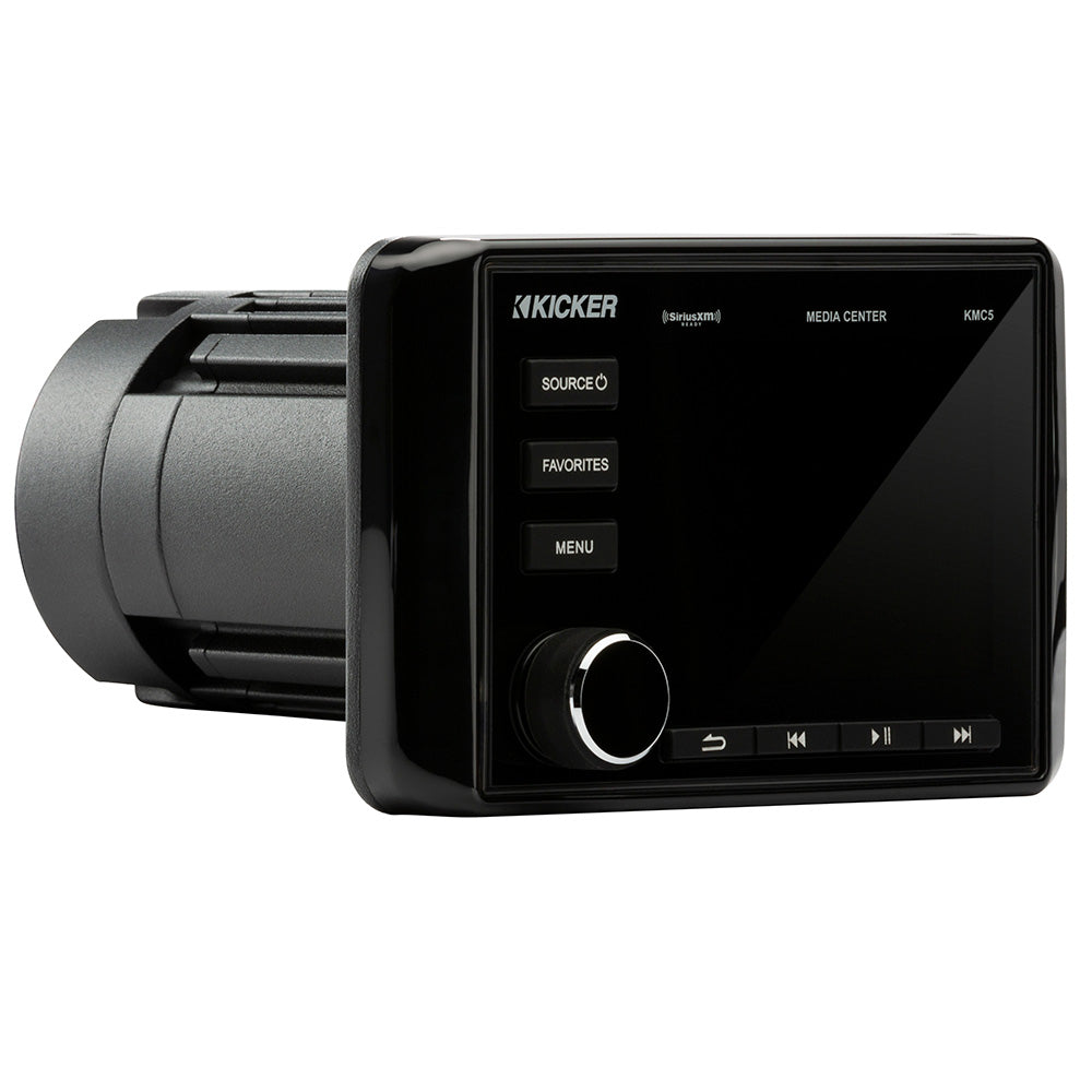 Kicker KMC5 marine media center with SiriusXM, source, favorites, and menu buttons for boat audio systems
