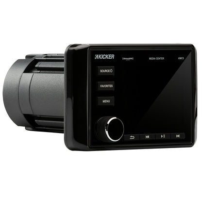 Kicker KMC5 marine media center with SiriusXM, source, favorites, and menu buttons for boat audio systems