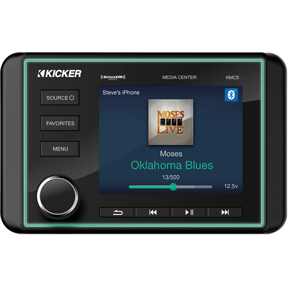 Kicker KMC5 car stereo with SiriusXM, Bluetooth, and media center display playing Oklahoma Blues