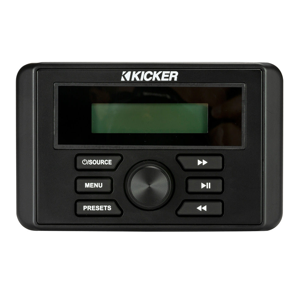 Kicker marine audio control panel with LCD display and playback buttons for boat stereo systems
