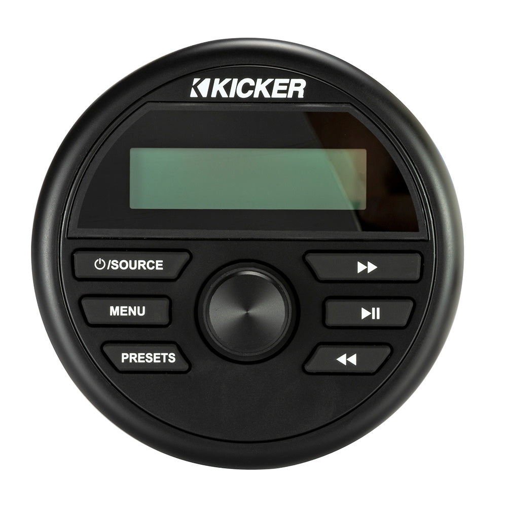 Kicker marine audio control panel with LCD display and playback buttons for boat stereo systems