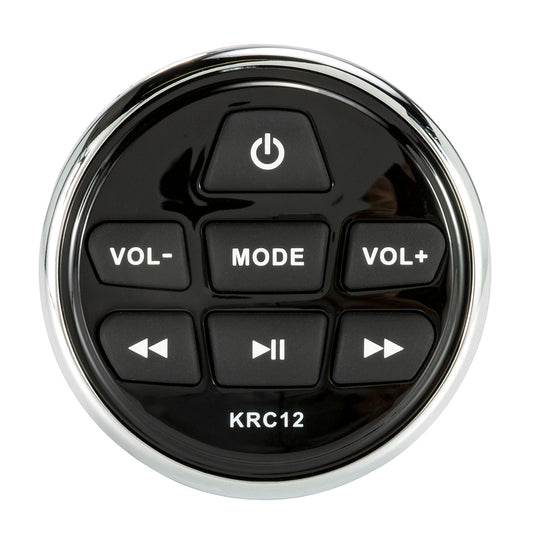 KRC12 marine audio remote control with volume, mode, and playback buttons for boat stereo systems