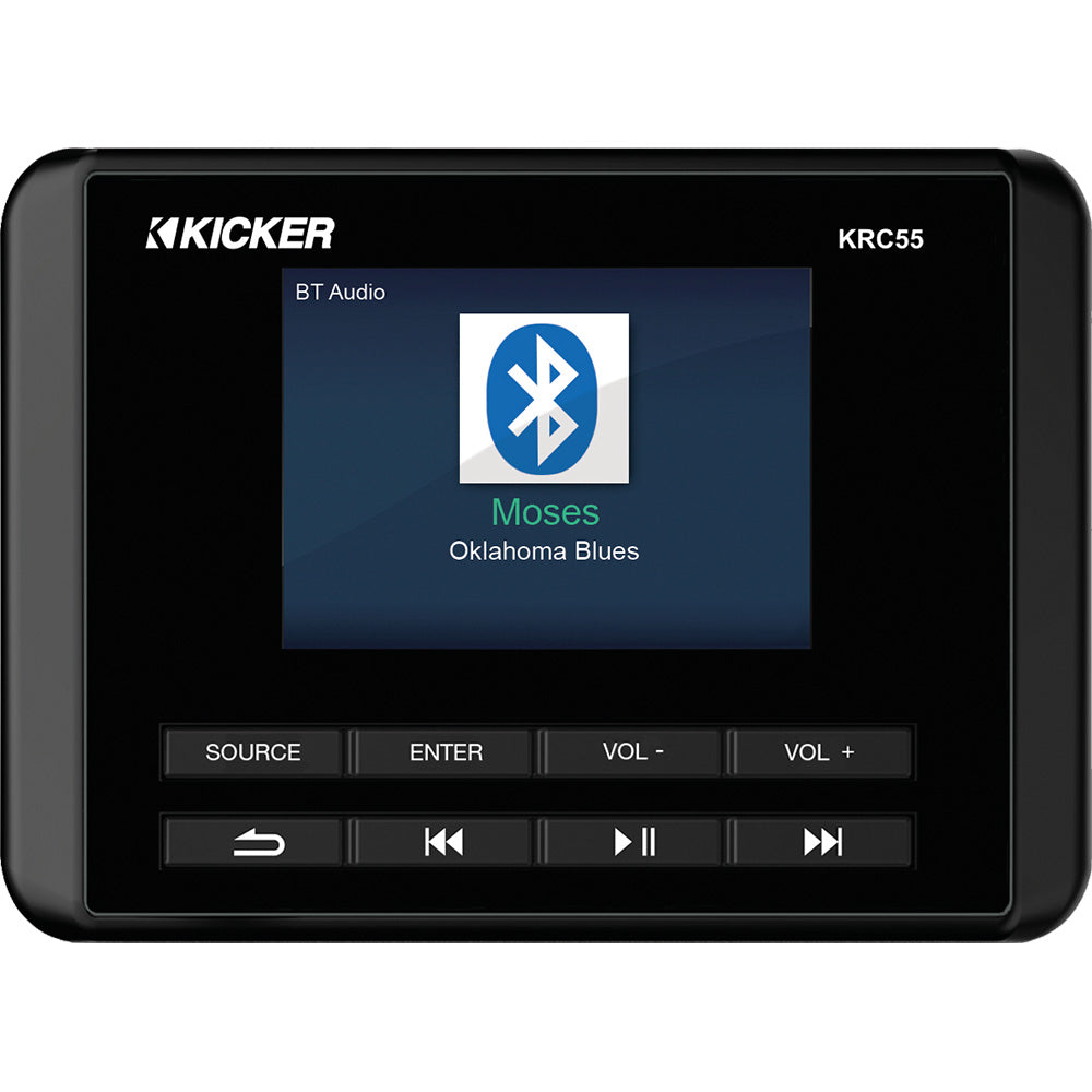 Kicker KRC55 marine stereo playing Bluetooth audio, displaying song 'Moses' by Oklahoma Blues