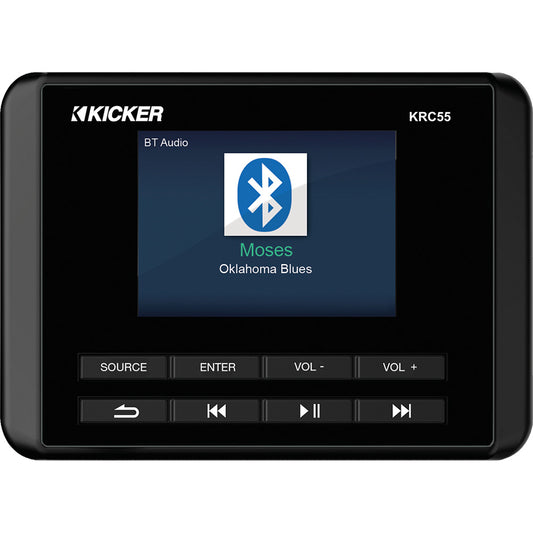 Kicker KRC55 marine stereo playing Bluetooth audio, displaying song 'Moses' by Oklahoma Blues