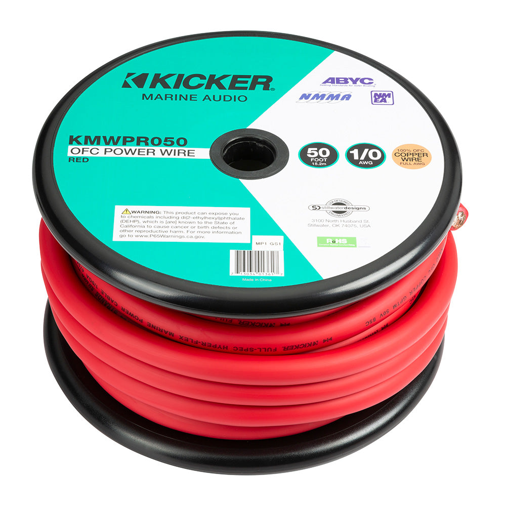 Kicker KMWPR050 1/0 AWG red OFC power wire for marine audio systems, 50 ft spool