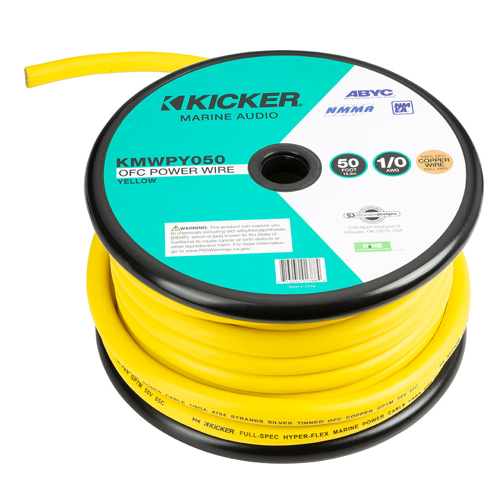 Kicker Marine Audio 1/0 AWG yellow OFC power wire, 50 ft spool for car audio installation