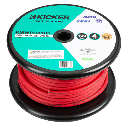Kicker KMWP4100 4 AWG red marine audio power wire spool, 100 ft OFC copper for car audio installs