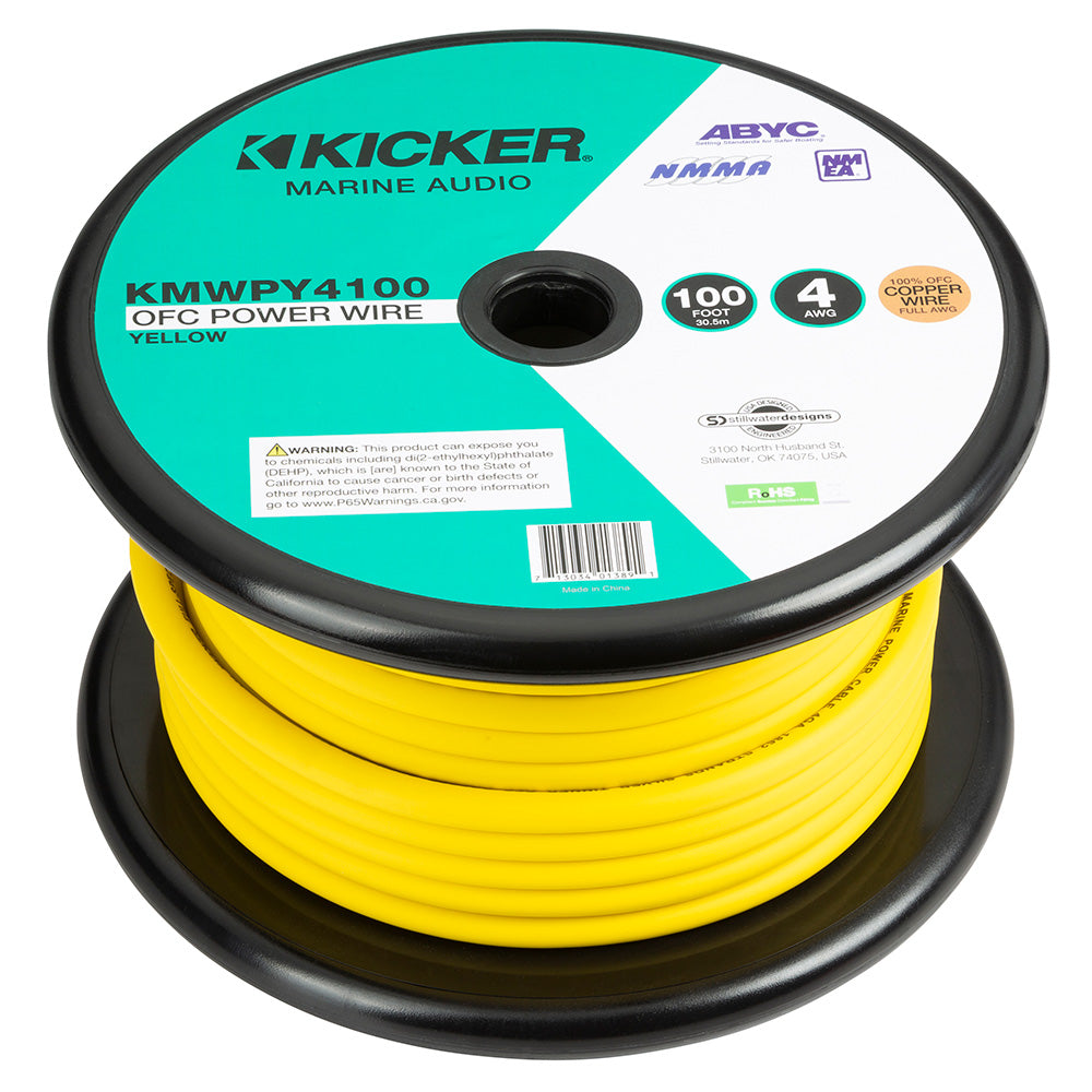 Kicker KMWPY4100 4 AWG yellow OFC power wire for marine audio systems, 100 ft spool