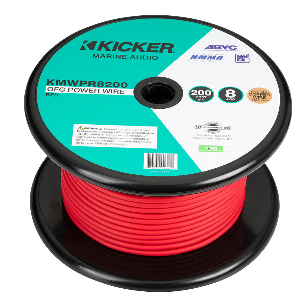 Kicker KMWPR8200 8 AWG red OFC power wire for marine audio systems, 200 ft spool