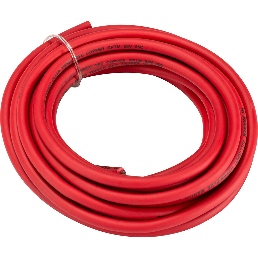 Red marine-grade speaker wire coiled, tinned OFC copper, 50V 85C rating for car audio installs