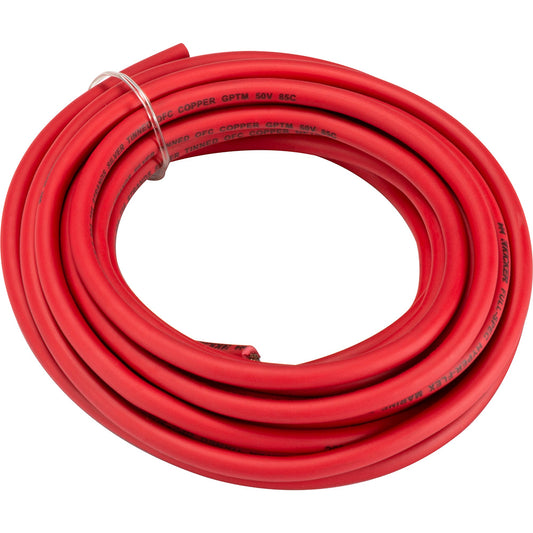 Red marine-grade speaker wire coiled, tinned OFC copper, 50V 85C rating for car audio installs